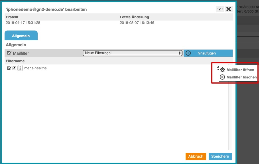 mailfilter oeffnen loeschen